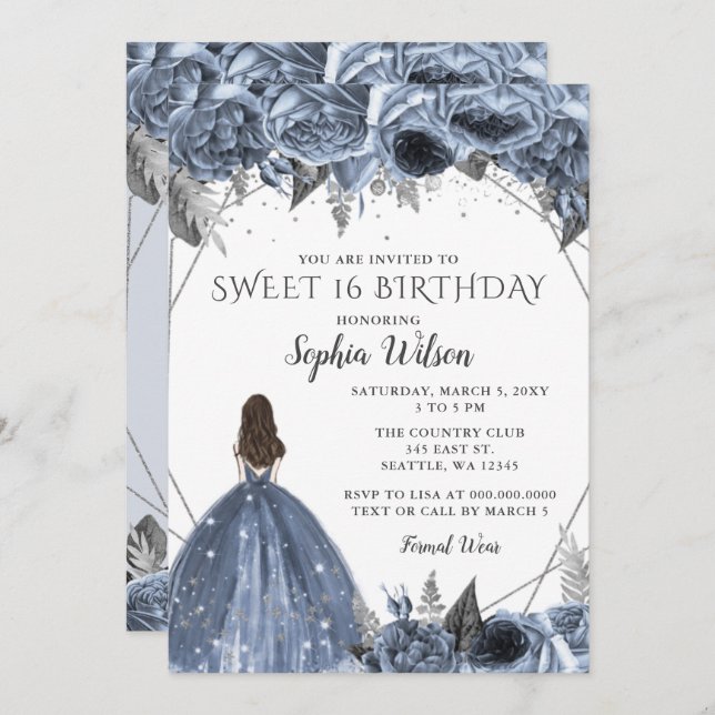 Invitation Robe florale Silver Dusty Blue Spakle Sweet 16 Inv (Devant / Derrière)