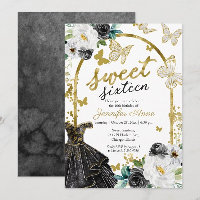 Invitation Robe Florale Sweet 16 Papillon Noir Or (Devant / Derrière)