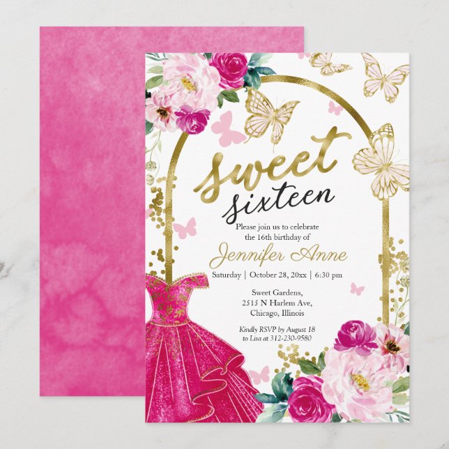 Invitation Robe florale Sweet 16 Papillon Rose Chaud Or Doré (Devant / Derrière)