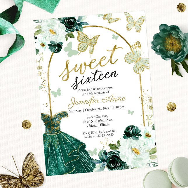 Invitation Robe Florale "Sweet 16" Papillon Vert Emeraude (Créateur téléchargé)