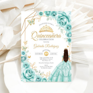 Invitation Robe Florale Turquoise de Quinceanera