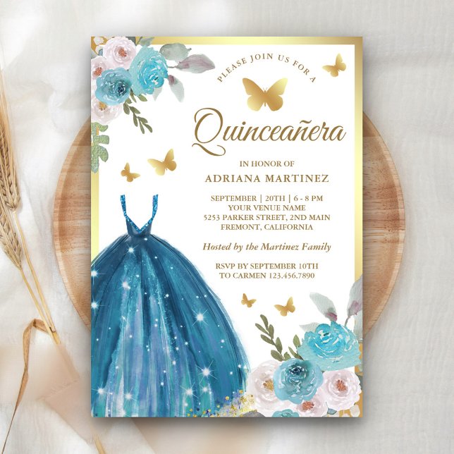 Invitation Robe Florale Turquoise Papillon Or Quinceanera (Créateur téléchargé)