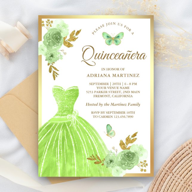 Invitation Robe Florale Vert Citron Papillon Or Quinceanera (Créateur téléchargé)