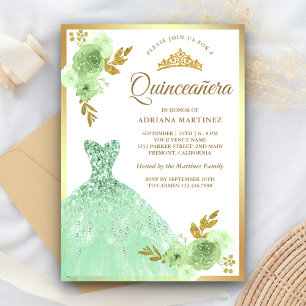 Invitation Robe Florale Vert Menthe avec Paillettes Dorées po