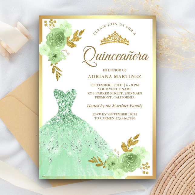 Invitation Robe Florale Vert Menthe avec Paillettes Dorées po (Créateur téléchargé)