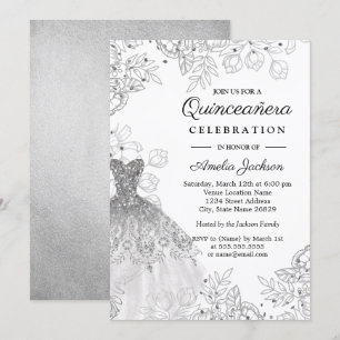 Invitation Robe florale vintage blanc argenté Quinceanera