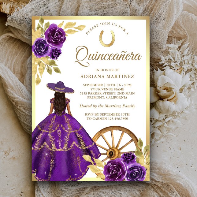 Invitation Robe florale violette Charro Quinceanera or (Créateur téléchargé)