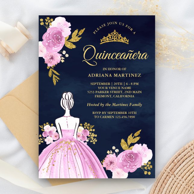 Invitation Robe Florale violette Marine bleu or Quinceanera (Créateur téléchargé)