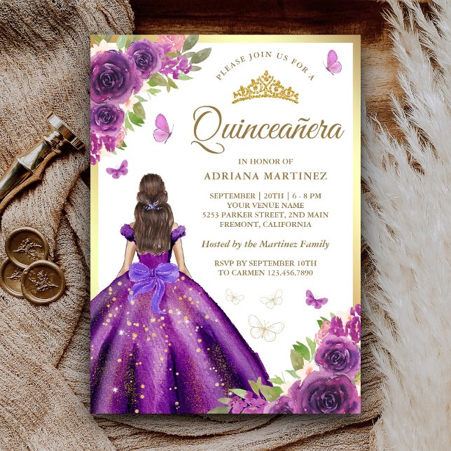 Invitation Robe Florale violette Papillon Or Quinceanera (Créateur téléchargé)