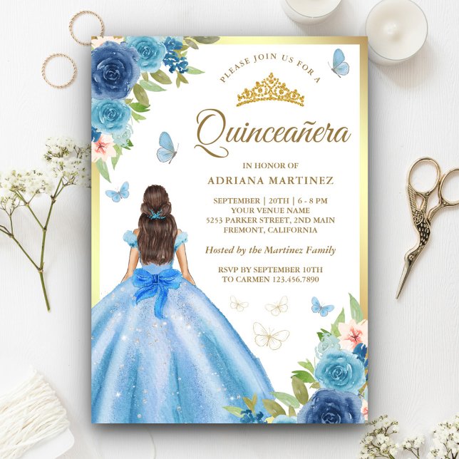 Invitation Robe Flore Bleu doux Papillon Or Quinceanera (Créateur téléchargé)