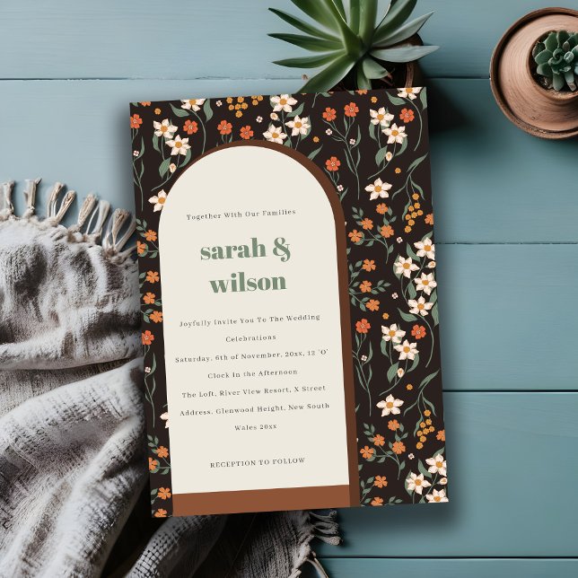 Invitation Robe foncée Orange Super Arc rétro Mariage floral (Créateur téléchargé)