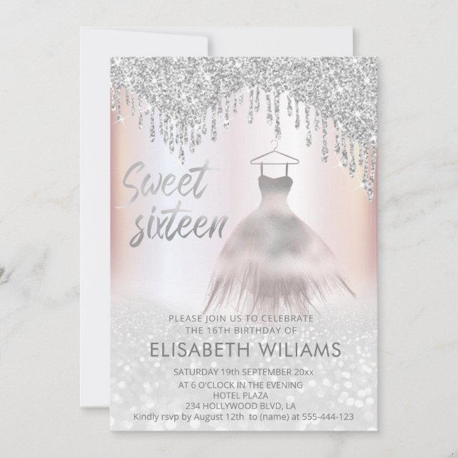 Invitation Robe Girly chic goutte argent glittery ombre (Devant)