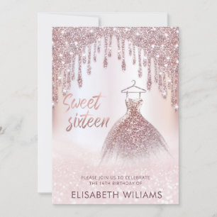 Invitation Robe Girly chic goutte d'or rose glittery ombre