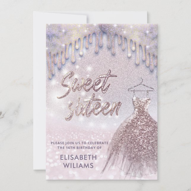 Invitation Robe Girly chic goutte d'or rose glittery ombre (Devant)