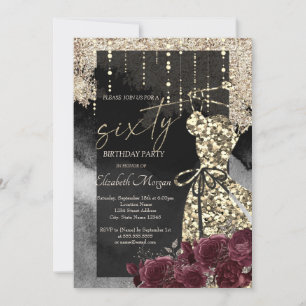 Invitation Robe Gold Sequins Bourgogne Roses 60e anniversaire