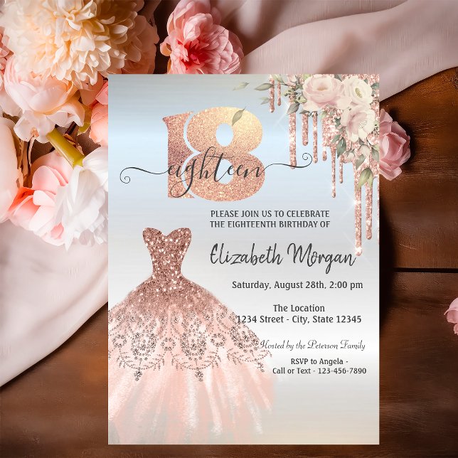 Invitation Robe gouttes de rose doré Fleur Argent 18e Anniver (Créateur téléchargé)