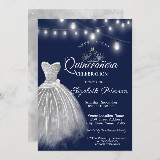 Invitation Robe gris Marine bleu Quinceañera (Devant / Derrière)