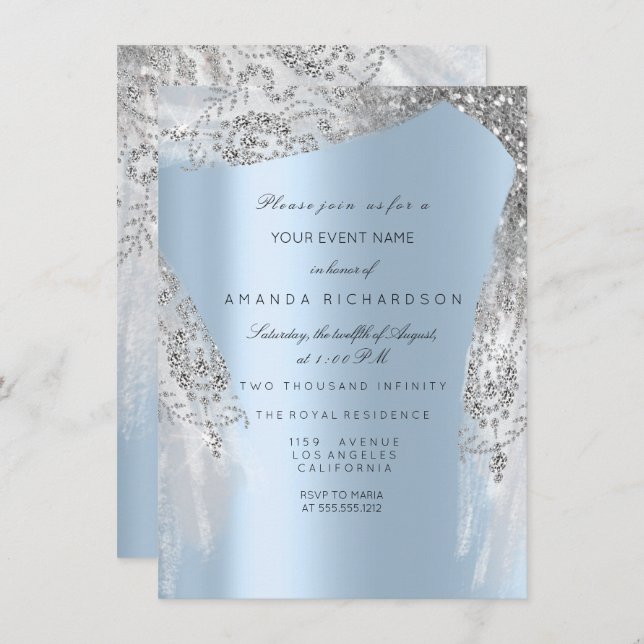 Invitation Robe grise argentée bleu pour fête de mariage 16 a (Devant / Derrière)