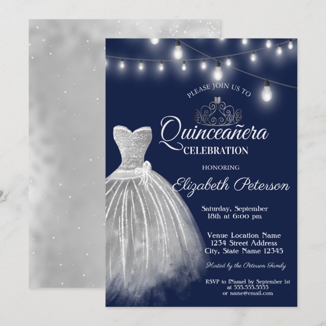 Invitation Robe grise, Quinceañera bleu marine  (Devant / Derrière)