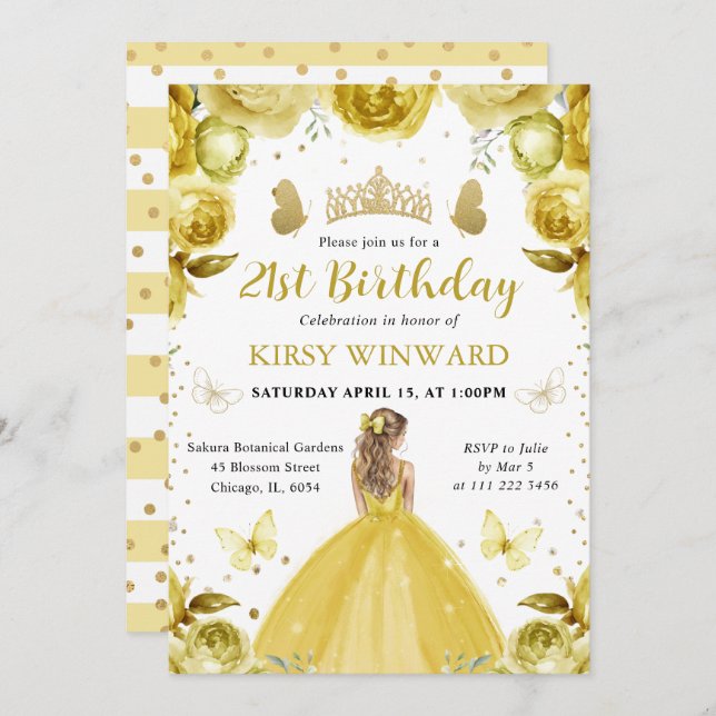 Invitation Robe Jaune Blonde Princesse Anniversaire (Devant / Derrière)