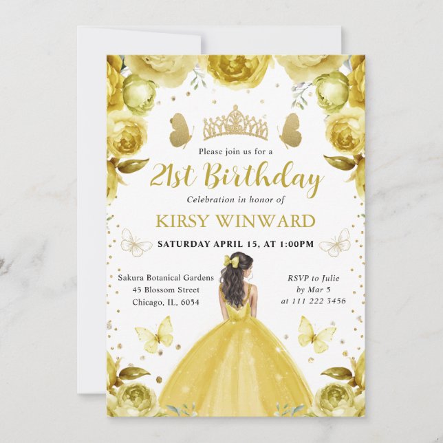Invitation Robe Jaune Brunette Princesse Anniversaire (Devant)