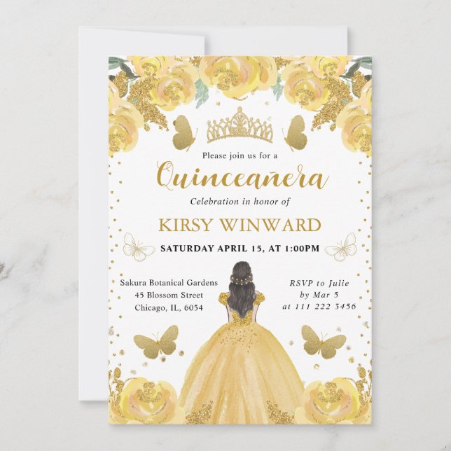 Invitation Robe Jaune Cheveux Bruns Princesse Quinceanera (Devant)