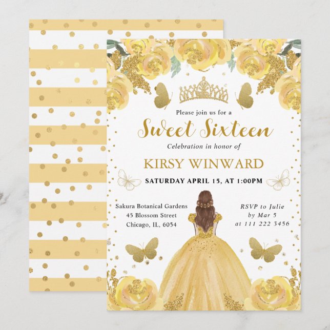 Invitation Robe jaune Cheveux Rouges Princesse Sweet 16 (Devant / Derrière)