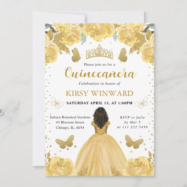 Invitation Robe Jaune Princesse à la Peau Foncée Quinceanera (Devant)