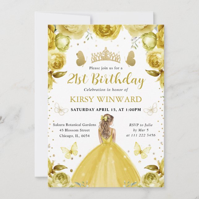 Invitation Robe jaune princesse blonde anniversaire (Devant)