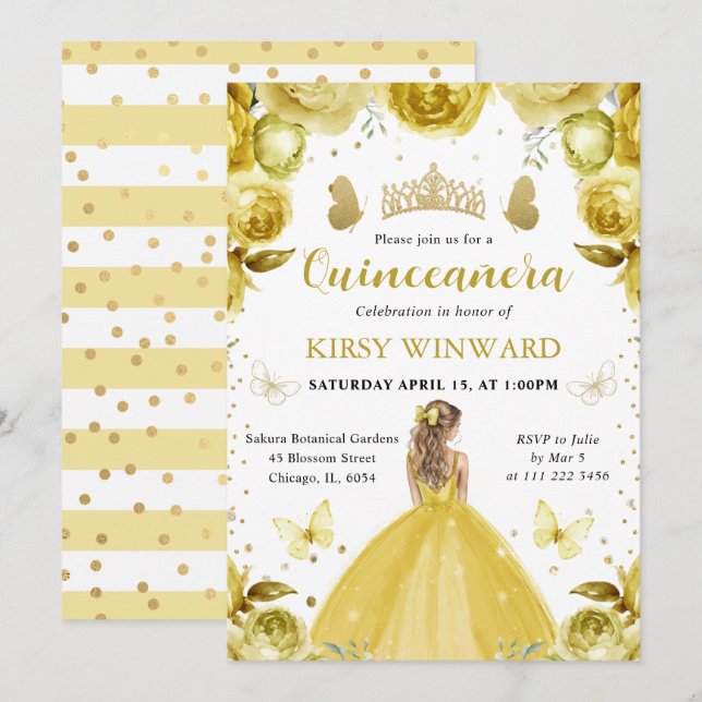 Invitation Robe jaune princesse blonde Quinceanera (Devant / Derrière)