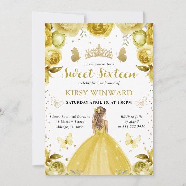 Invitation Robe Jaune Princesse Blonde Sweet 16 (Devant)