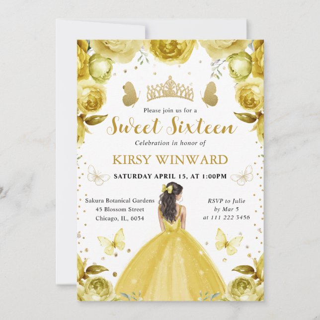 Invitation Robe Jaune Princesse Brune Sweet 16 (Devant)