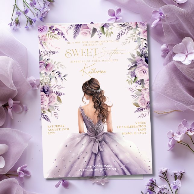 Invitation Robe Lavande Douze ans Fleur Violette (Lavender Sweet 16 Sixteen Purple Dress Floral Invitation
)