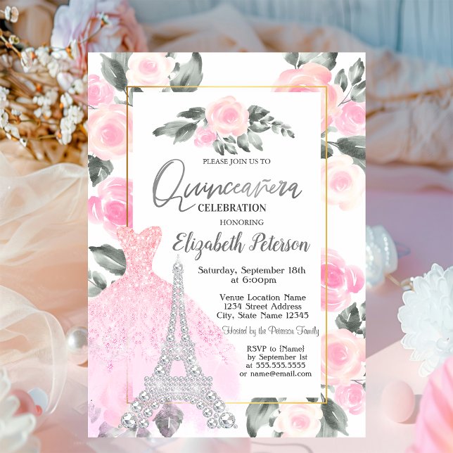 Invitation Robe Lavander, Tour Eiffel Floral Quinceañera (Créateur téléchargé)