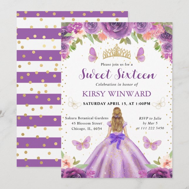 Invitation Robe lilas Princesse blonde Sweet 16 (Devant / Derrière)