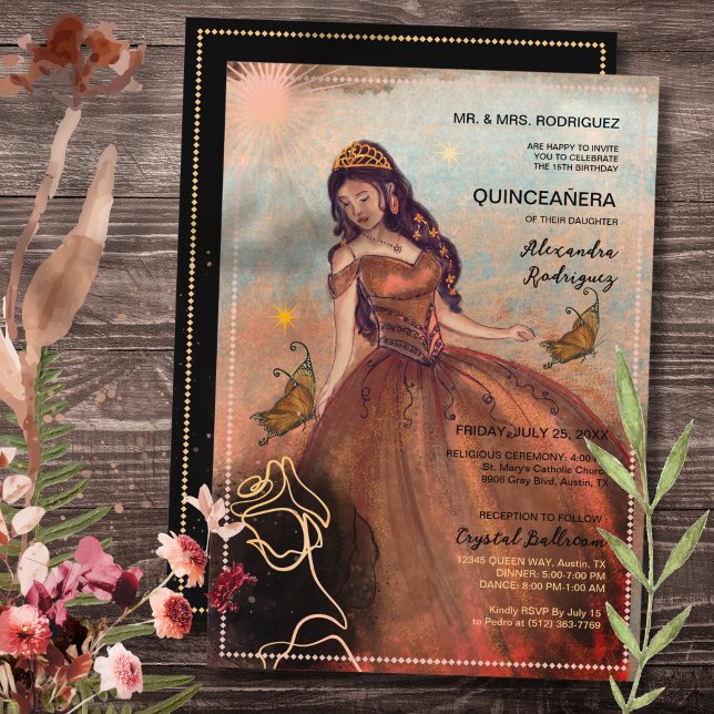 Invitation Robe longue métallique cuivre élégante (Elegant Vintage Copper Rose Quinceañera Invitation)