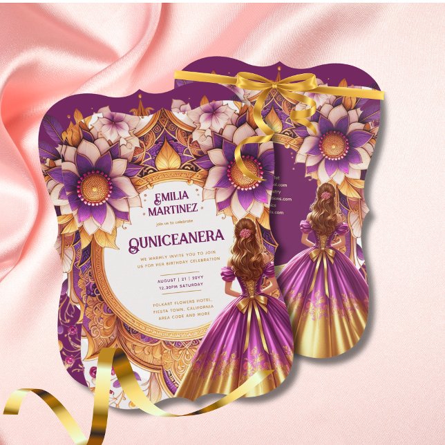 Invitation Robe Magenta Gold Quinceañera Princesse Sweet16 (Créateur téléchargé)