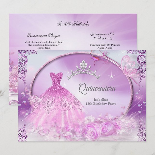 Invitation Robe Magique de Quinceanera Princesse Violette (Devant / Derrière)