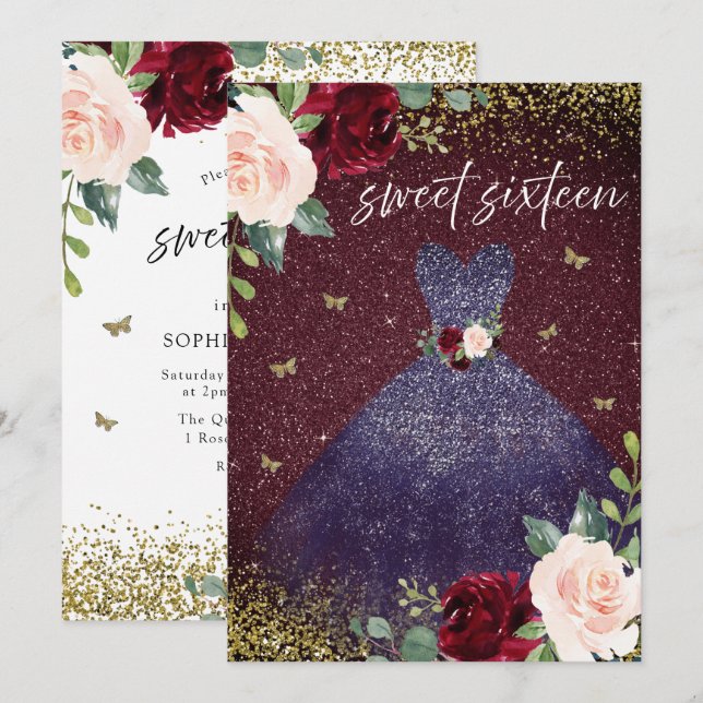 Invitation Robe Magique Marine Bourgogne Rouge Floral Sweet 1 (Devant / Derrière)