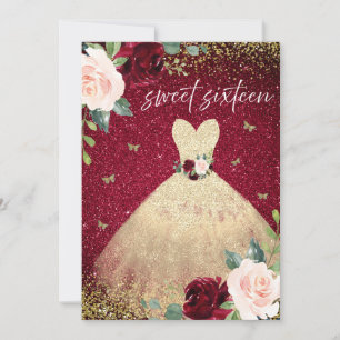 Invitation Robe Magique Or Bourgogne Rouge Floral Sweet 16