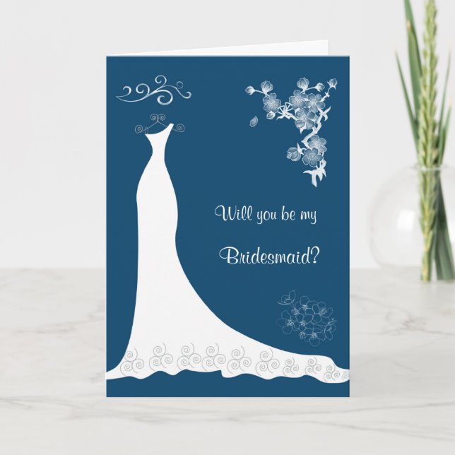 Invitation Robe Mariage blanche, fleur sur le bleu Bridesmaid (Devant)