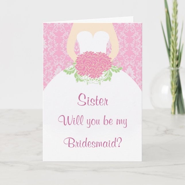 Invitation Robe mariage, fleurs, damas rose (Devant)