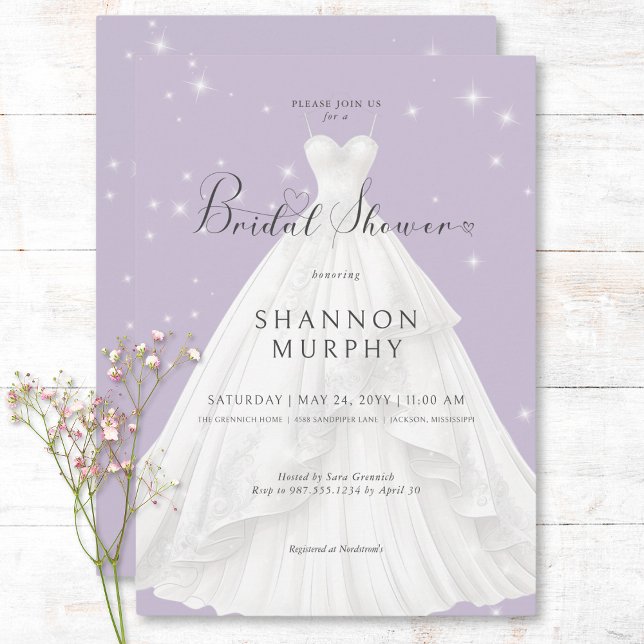 Invitation Robe Mariage moderne Fête des mariées pourpre étin (Modern Wedding Dress Purple Sparkle Bridal Shower Invitation)
