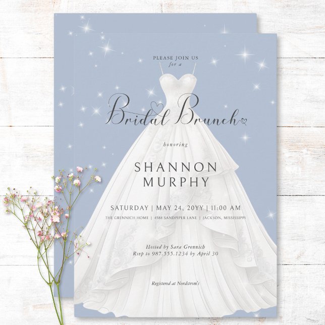 Invitation Robe Mariage moderne sur Blue Sparkle Bridal Brunc (Modern Wedding Dress on Blue Sparkle Bridal Brunch Invitation)