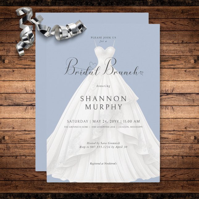 Invitation Robe Mariage moderne sur Brunch nuptial bleu (Modern Wedding Dress on Blue Bridal Brunch Invitation)