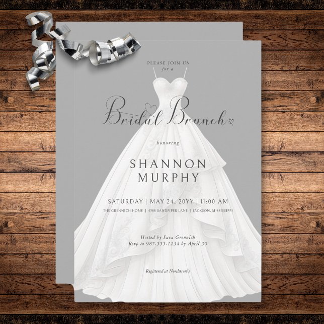 Invitation Robe Mariage moderne sur Brunch nuptial gris (Modern Wedding Dress on Gray Bridal Brunch Invitation)