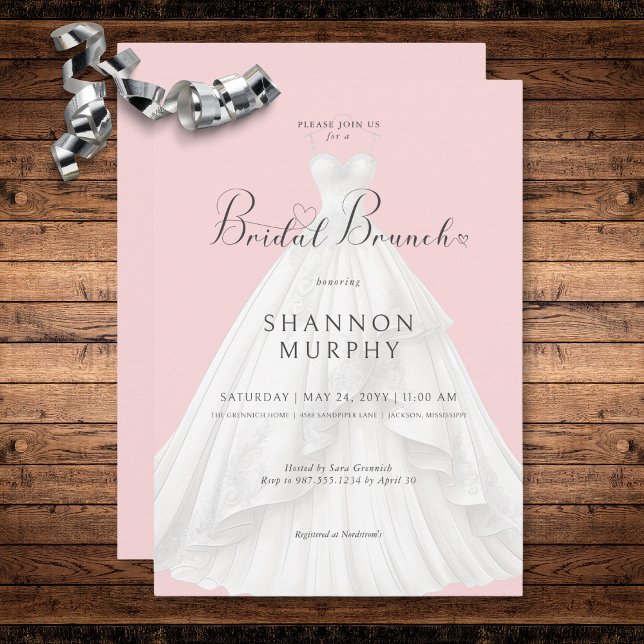 Invitation Robe Mariage moderne sur Brunch nuptial rose (Modern Wedding Dress on Pink Bridal Brunch Invitation)