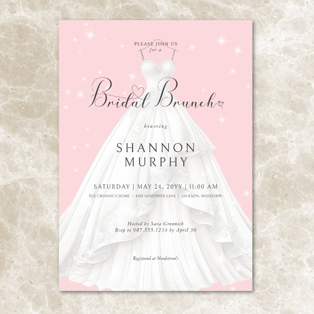 Invitation Robe Mariage moderne sur un brunch nuptial rose ét (Modern Wedding Dress on Pink Sparkle Bridal Brunch Invitation)