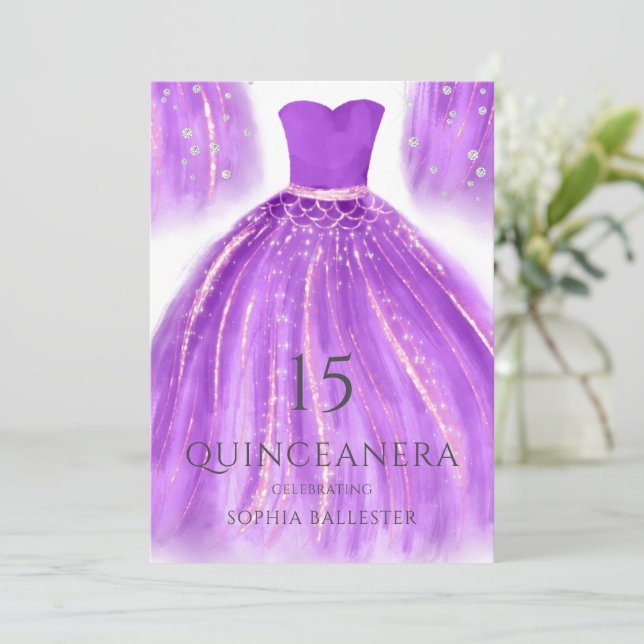 Invitation Robe Mermaid Quinceanera violet et or (Debout devant)