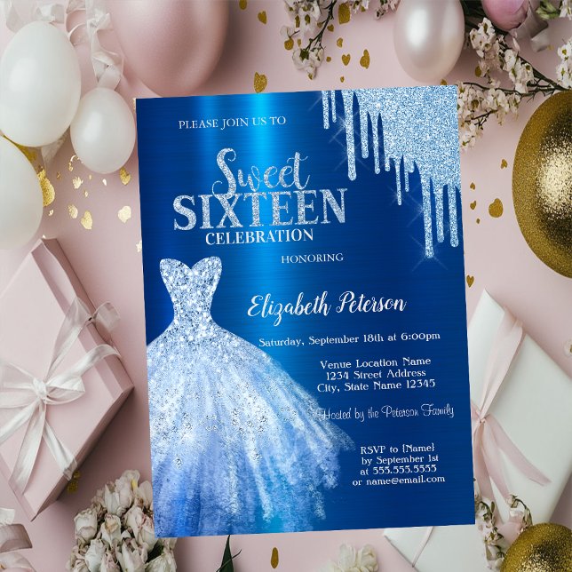 Invitation Robe métallique bleue avec gouttes de paillettes b (Créateur téléchargé)